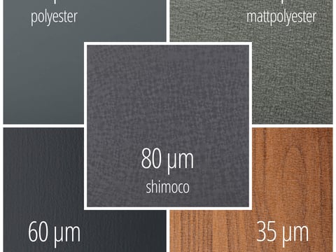 Overzicht van coatings voor vlakke platen: polyester, mat polyester, Shimoco en getextureerd polyester